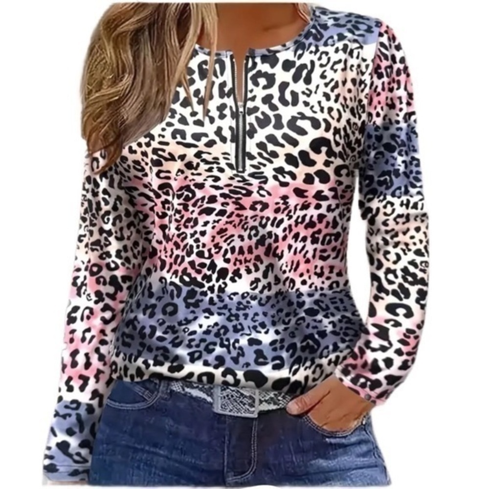 Women’s Leopard Print Zip-Up Long Sleeve Knit Top - Size XL - NWT